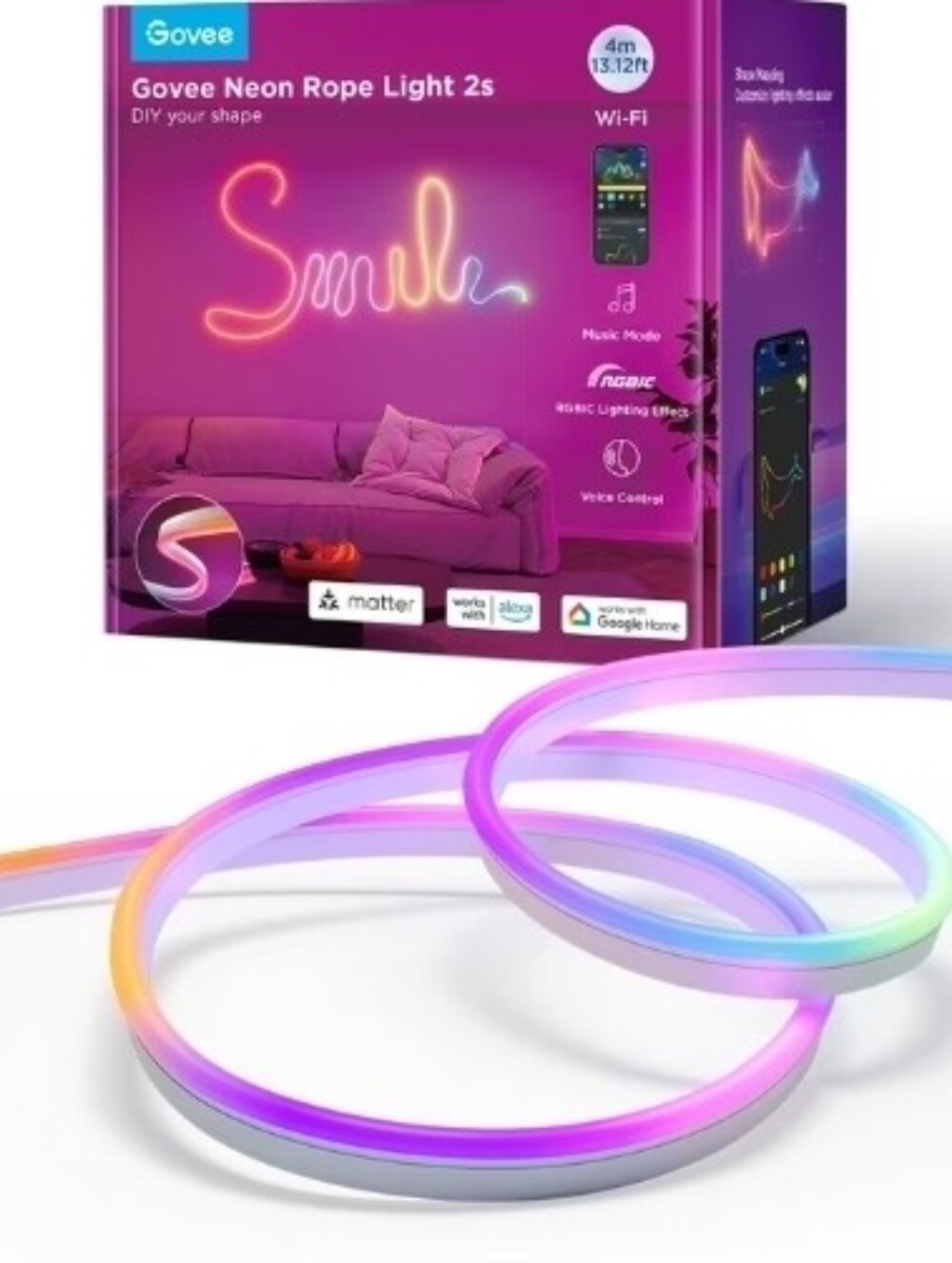 Govee 13.12ft Indoor Neon Rope Light 2s White, Color Changing
